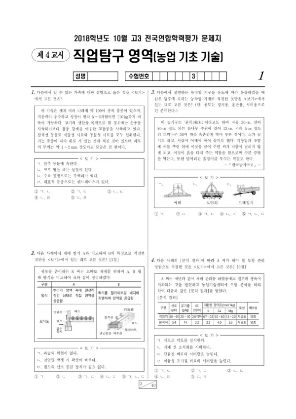 2018년 10월 고3 학평(서울) 농업 기초 기술
