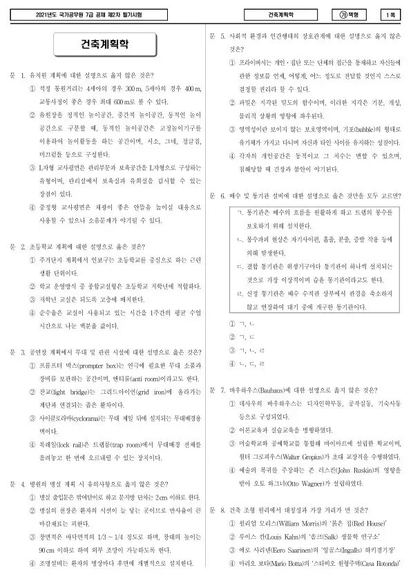 2021년 국가공무원 7급 2차 건축계획학 (가)