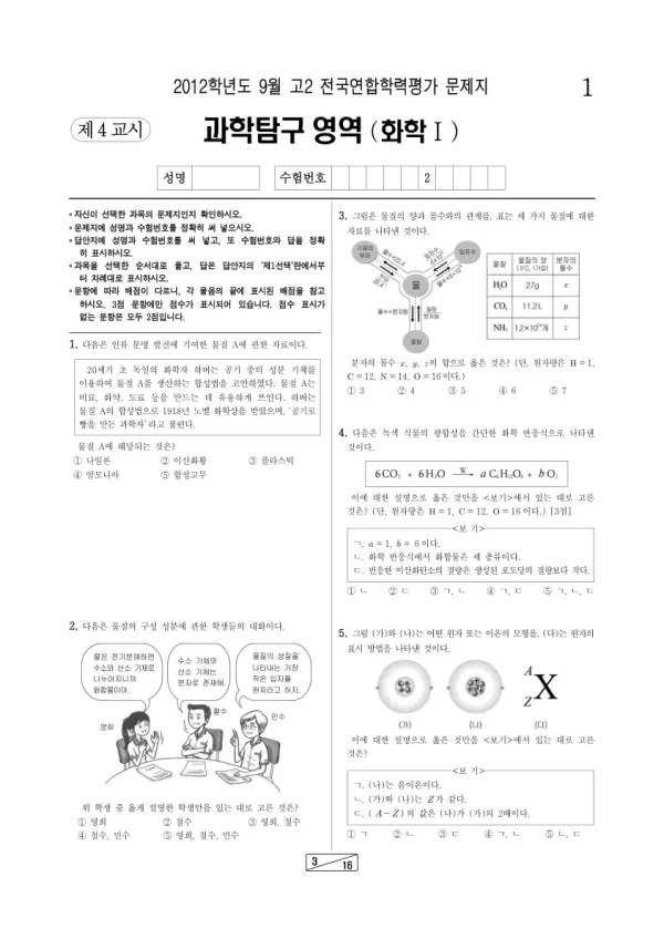 2012년 9월 고2 학평(인천) 화학I