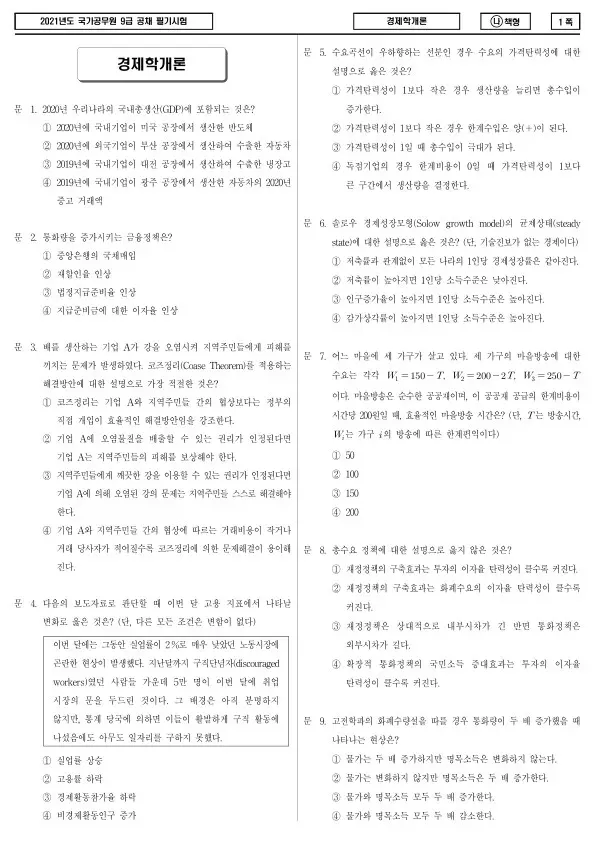 2021년 국가공무원 9급 경제학개론 (나)