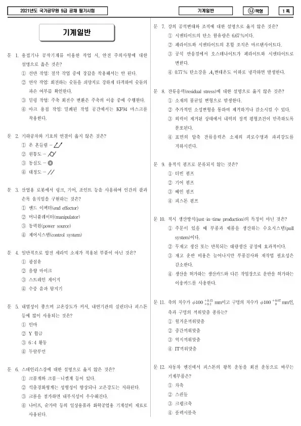 2021년 국가공무원 9급 기계일반 (나)