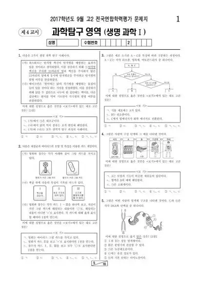 2017년 9월 고2 과학탐구 생명과학 I