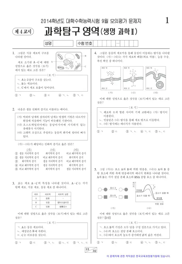 2014학년도 9월 모평(평가원) 생명과학II