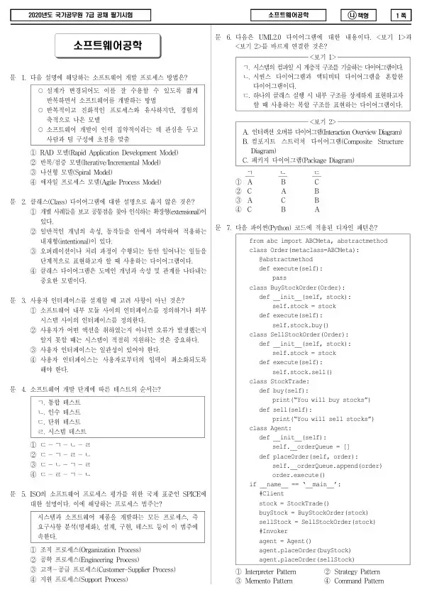 2020년 국가공무원 7급 소프트웨어공학 (나)