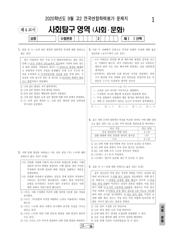 2020년 9월 고2 사회탐구 사회문화