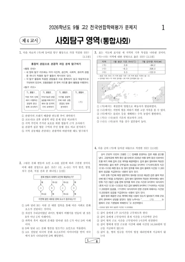 2026년 고2 9월 학평(인천) 통합사회