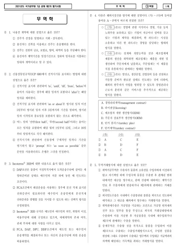 2021년 국가공무원 7급 2차 무역학 (가)