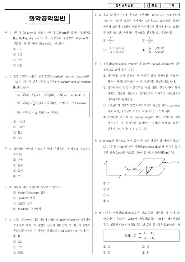 2018년 제1회 지방공무원 9급 화학공학일반 (B)