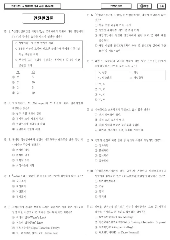 2021년 국가공무원 9급 안전관리론 (나)