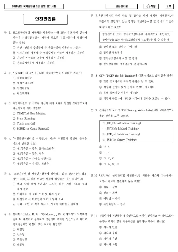 2020년 국가공무원 7급 안전관리론 (나)