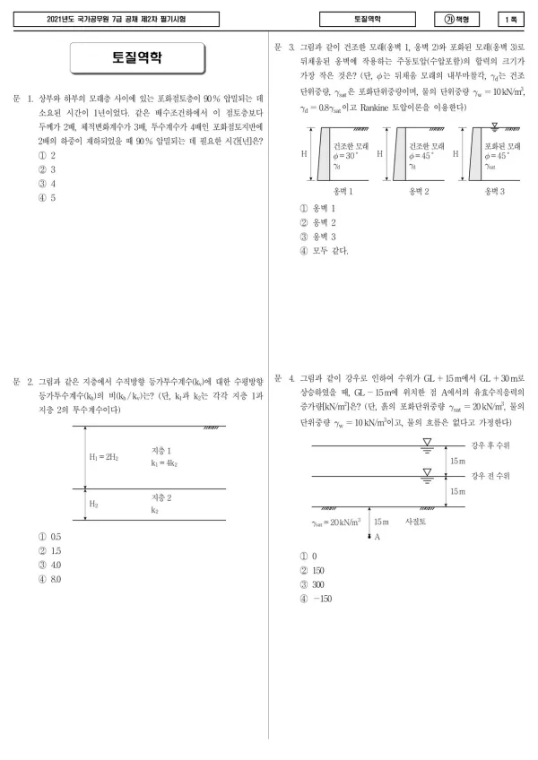 2021년 국가공무원 7급 2차 토질역학 (가)