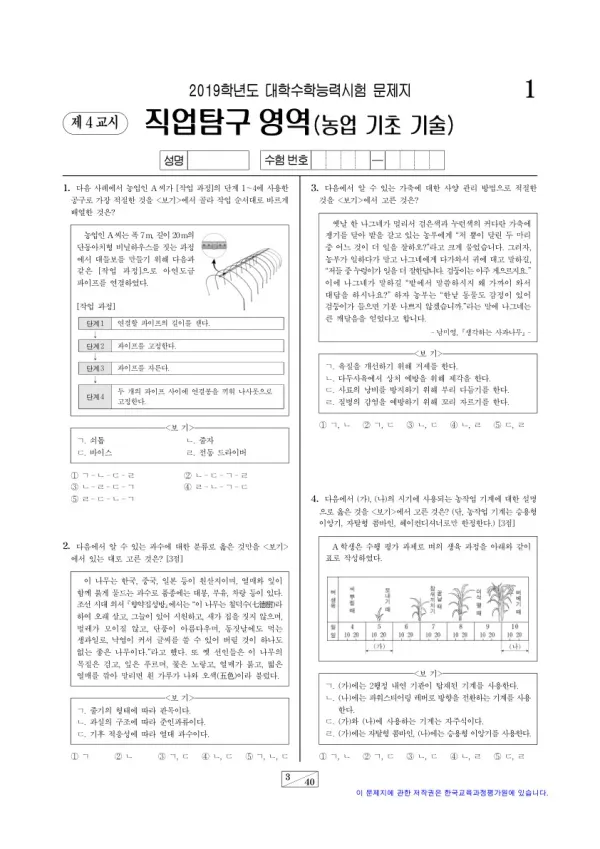 2019학년도 수능 농업 기초 기술
