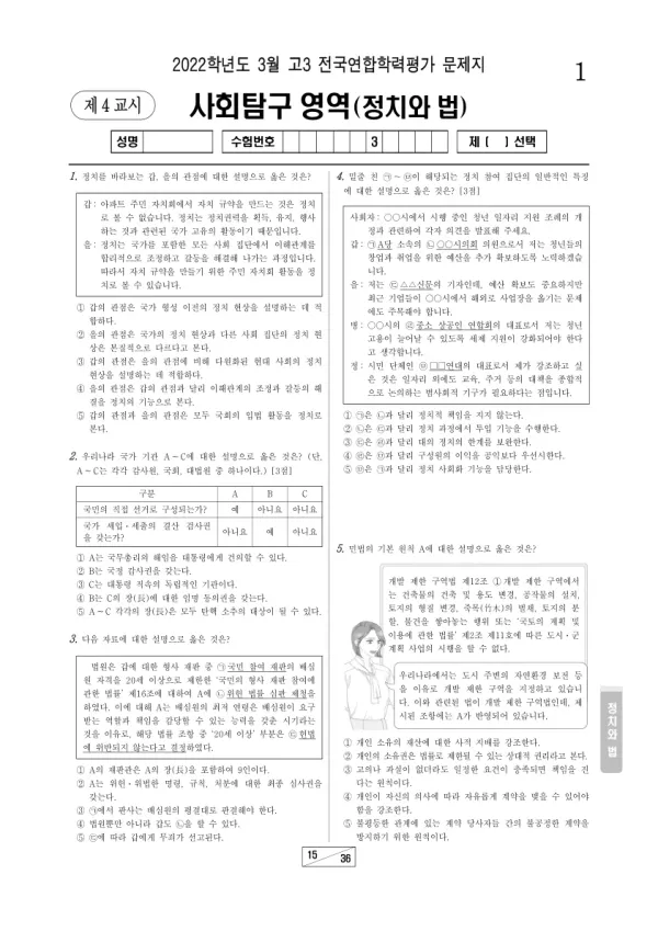 2022년 3월 고3 사회탐구 정치와 법