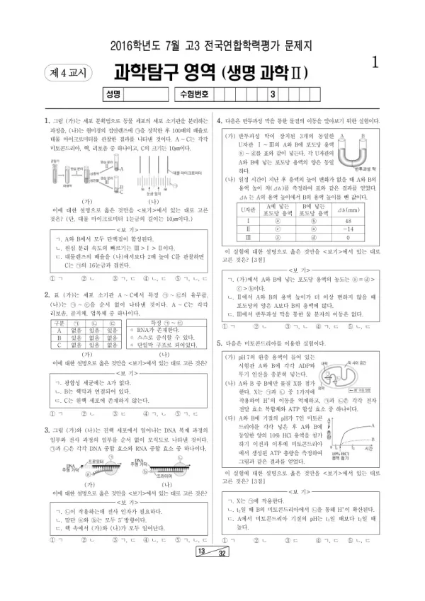 2016년 7월 고3 학평(인천) 생명과학II