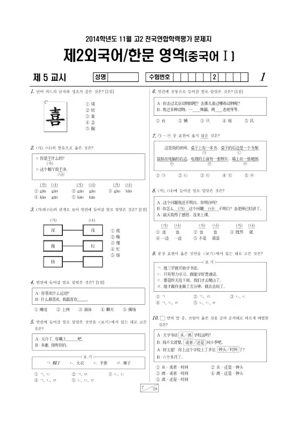 2014년 11월 고2 학평(경기) 중국어I