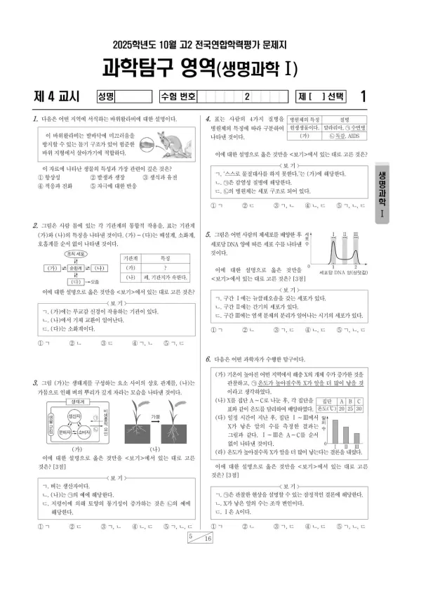 2025년 10월 고2 과학탐구 생명과학 I