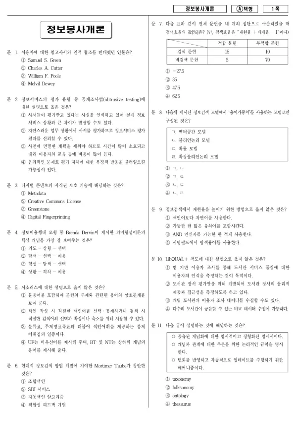 2014년 제1회 지방공무원 9급 정보봉사개론 (A)