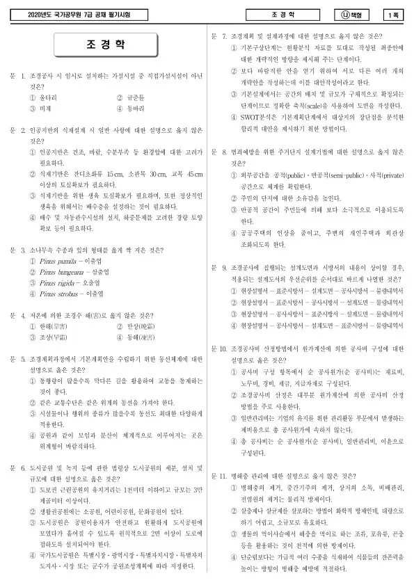 2020년 국가공무원 7급 조경학 (나)