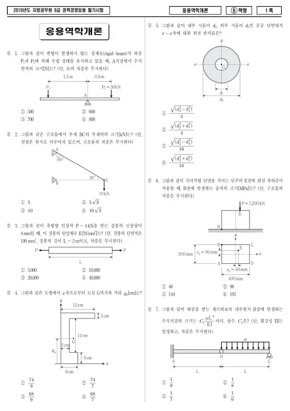 2019년 제2회 지방공무원 9급 경력경쟁 응용역학개론 (B)