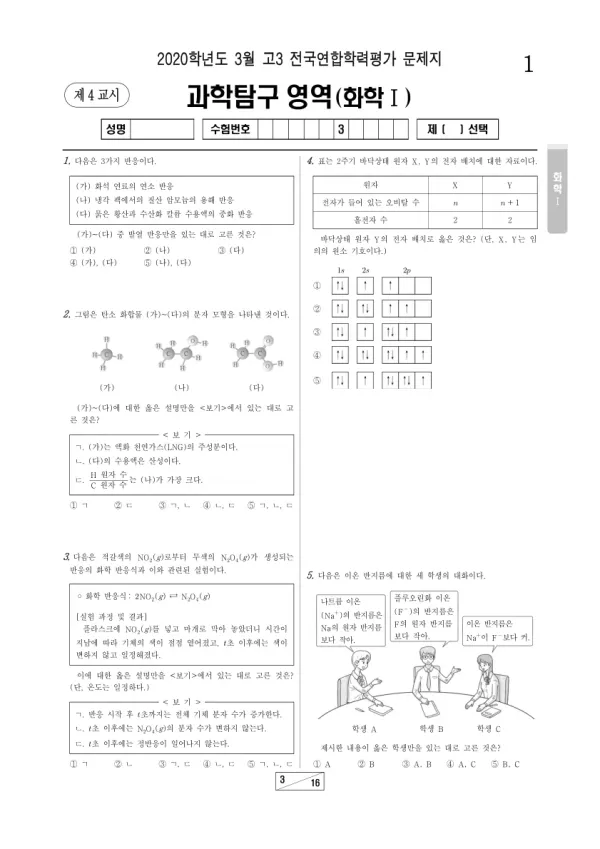 2020년 3월 고3 과학탐구 화학 I