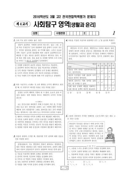 2016년 3월 고2 사회탐구 생활과 윤리