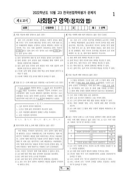 2022년 10월 고3 사회탐구 정치와 법