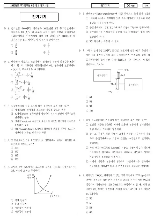 2020년 국가공무원 9급 전기기기 (가)