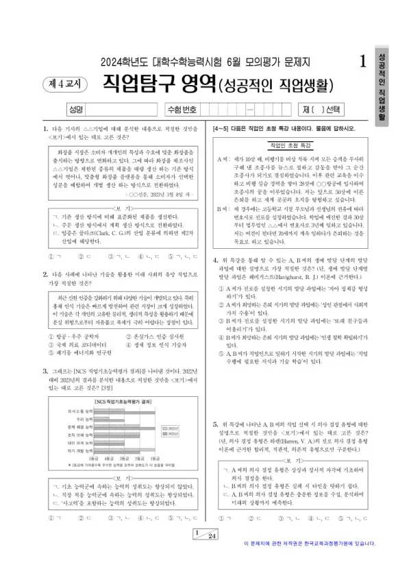 2024년 6월 고3 직업탐구 성공적인 직업 생활