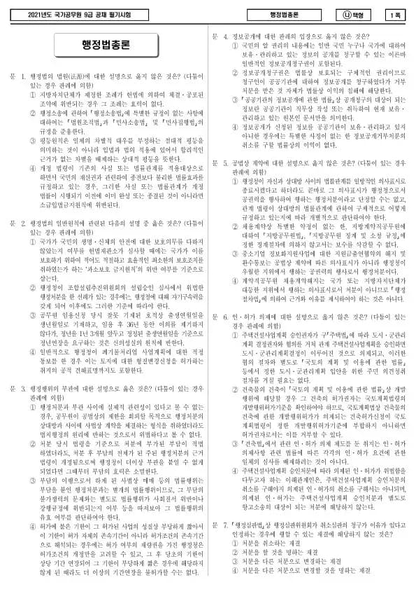 2021년 국가공무원 9급 행정법총론 (나)