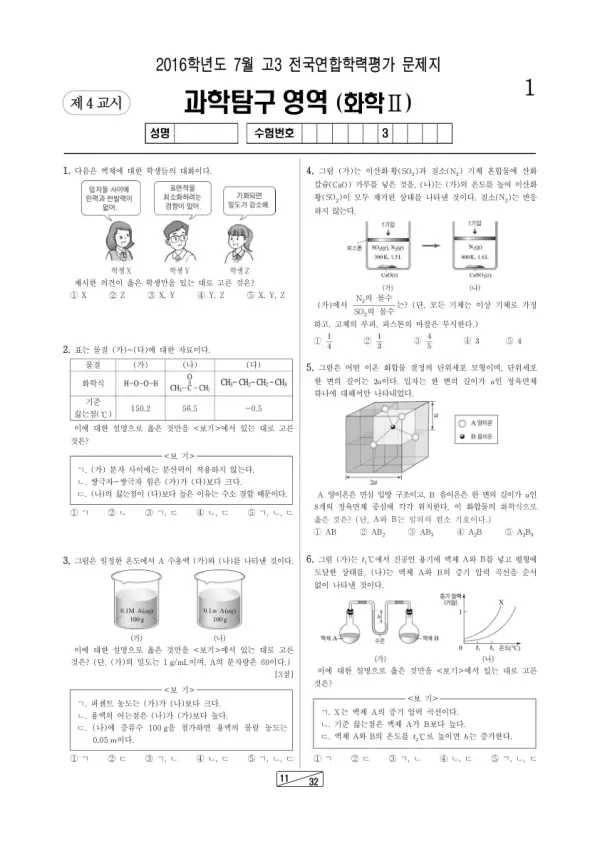 2016년 7월 고3 학평(인천) 화학II