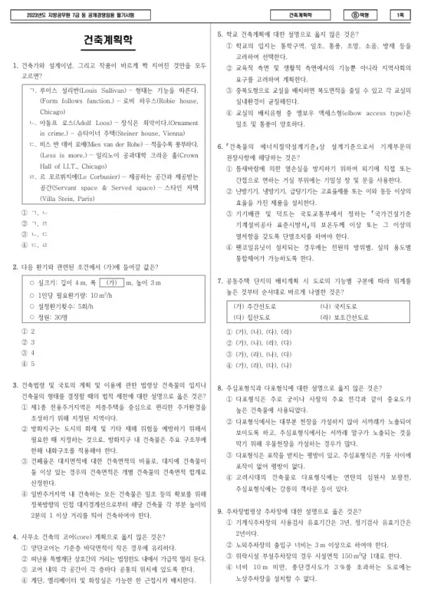 2023년 제2회 지방공무원 7급 건축계획학 (B)