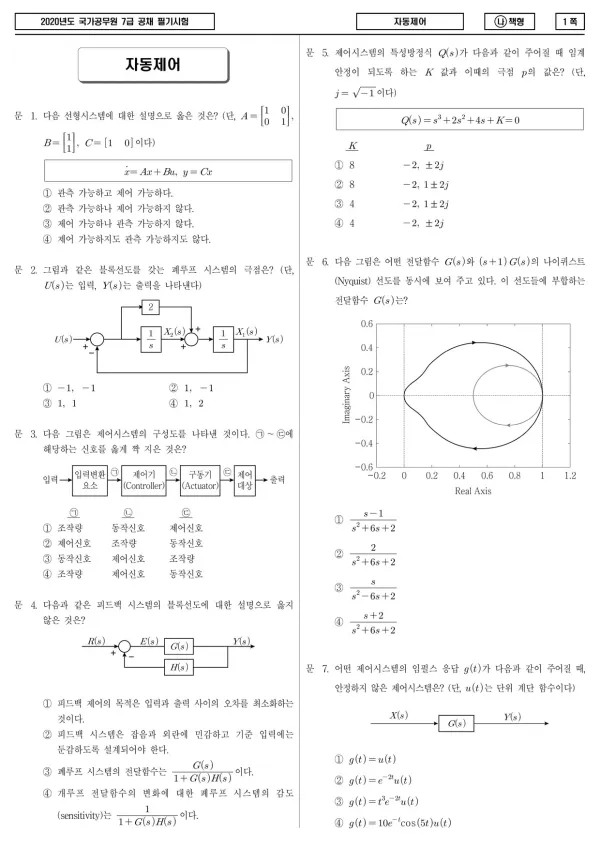 2020년 국가공무원 7급 자동제어 (나)