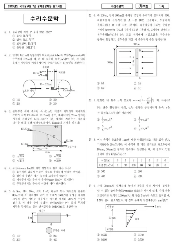 2019년 국가공무원 7급 수리수문학 (가)