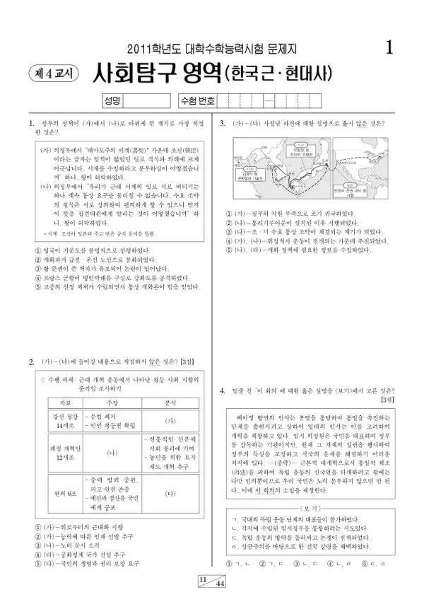 2011학년도 수능 한국근·현대사