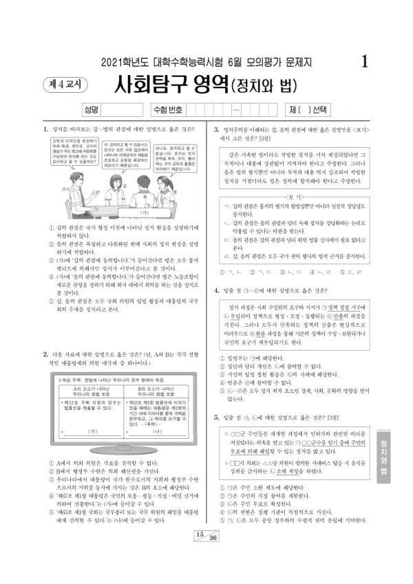 2021년 6월 고3 사회탐구 정치와 법