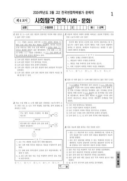 2024년 3월 고2 사회탐구 사회문화 썸네일 이미지