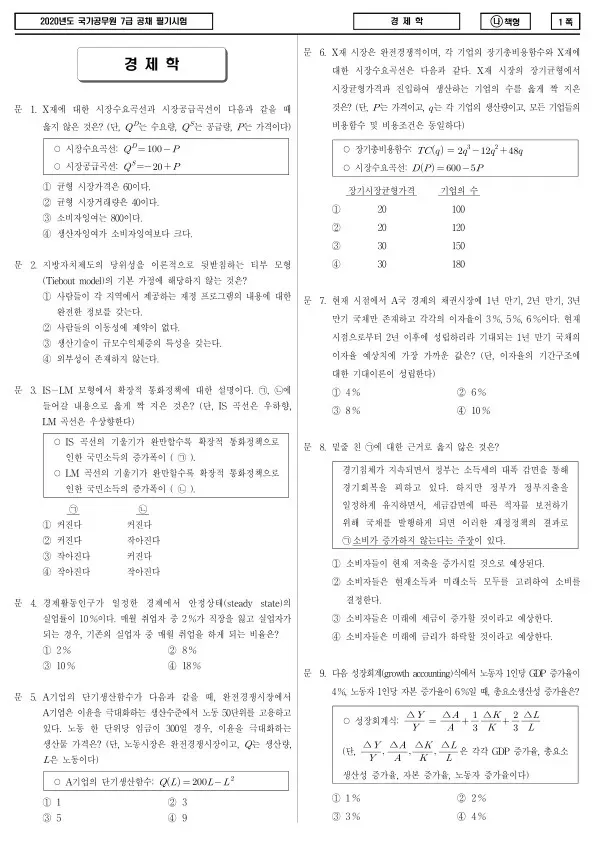 2020년 국가공무원 7급 경제학 (나)