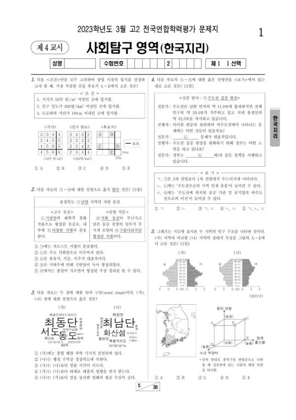 2023년 3월 고2 사회탐구 한국지리