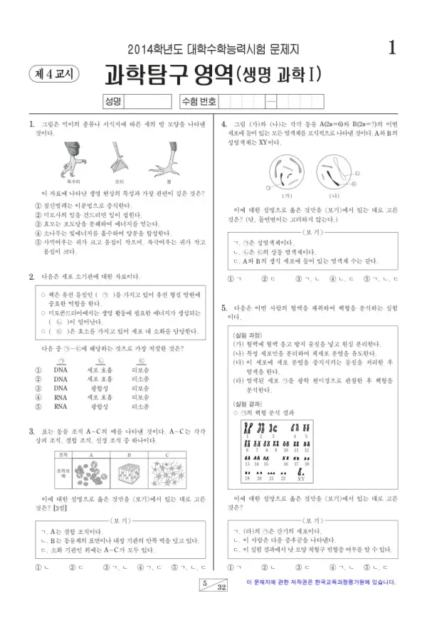 2014학년도 수능 생명과학I