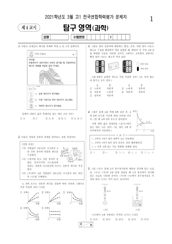 2021년 3월 고1 과학탐구 통합과학