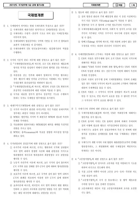 2021년 국가공무원 9급 국제법개론 (나)