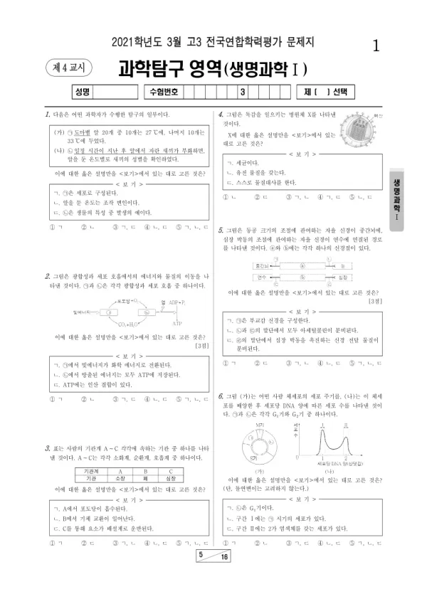 2021년 3월 고3 과학탐구 생명과학 I