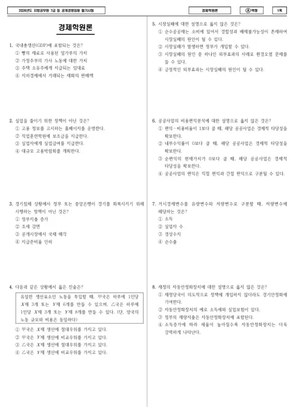 2024년 제2회 지방공무원 7급 경제학원론 (A)