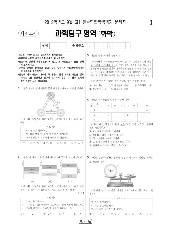 2012년 9월 고1 학평(인천) 화학