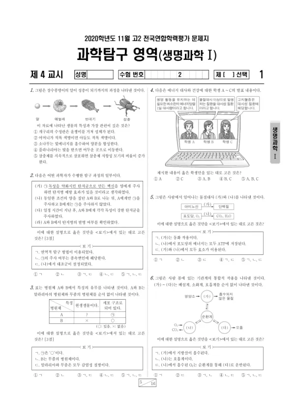 2020년 11월 고2 과학탐구 생명과학 I