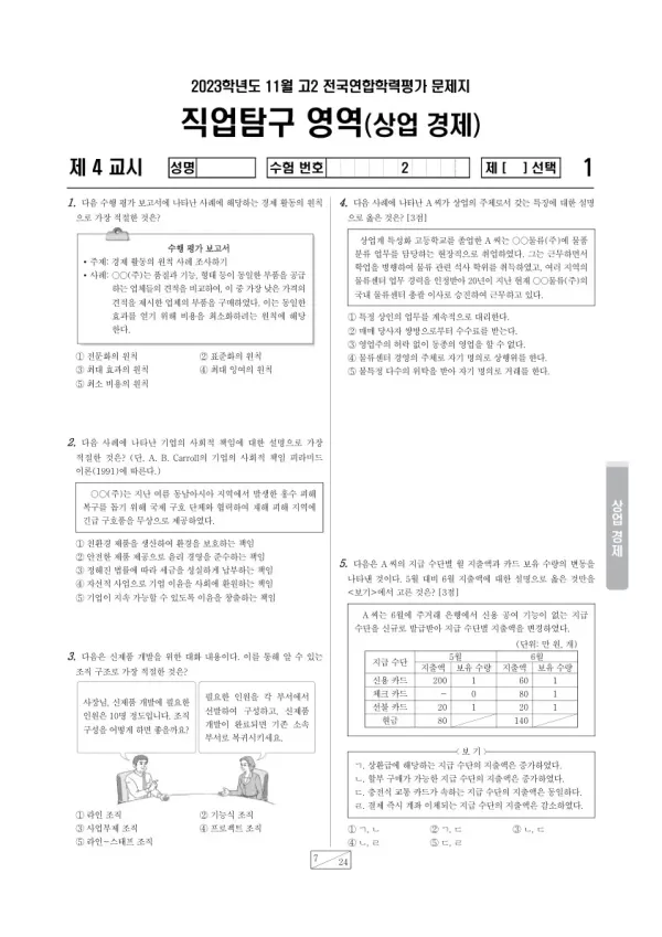 2023년 11월 고2 학평(경기) 상업 경제