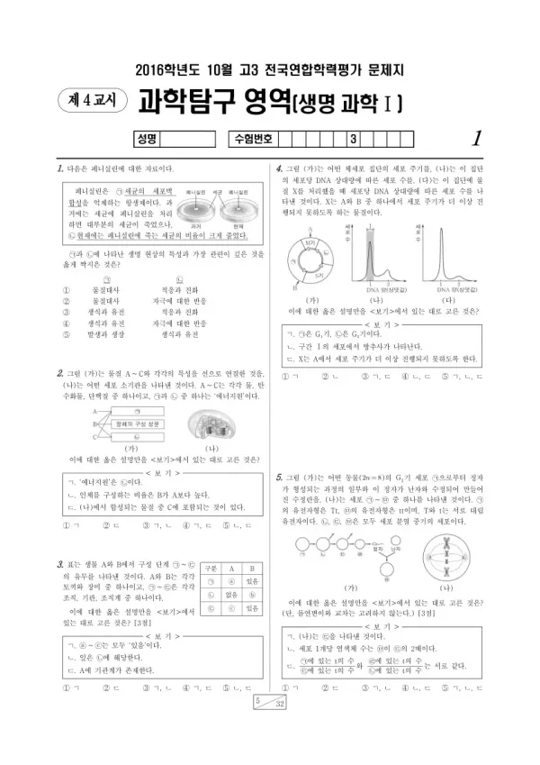 2016년 10월 고3 학평(서울) 생명과학I