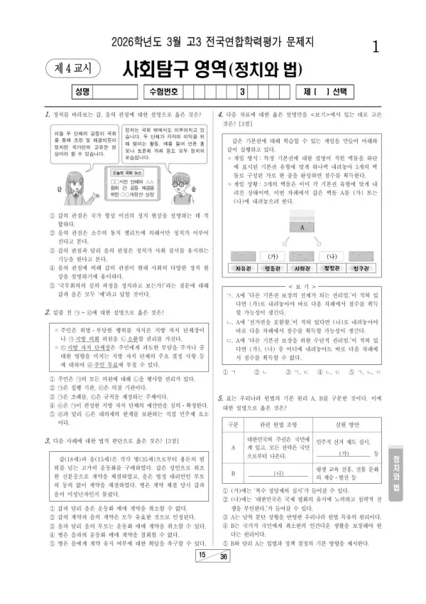 2026년 고3 3월 학평(서울) 정치와 법