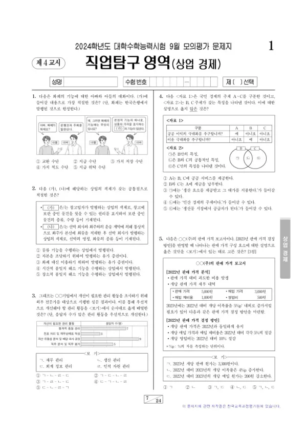 2024년 9월 고3 직업탐구 상업 경제