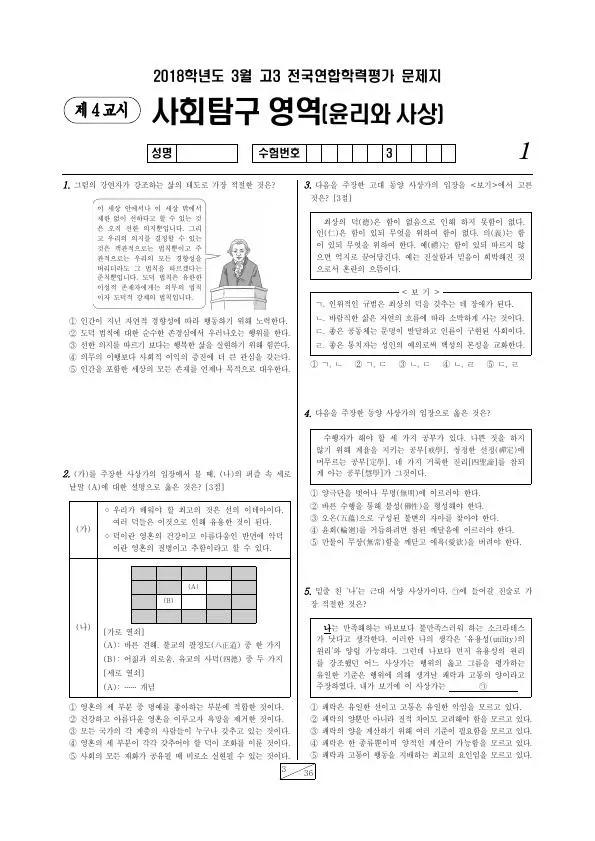 2018년 3월 고3 사회탐구 윤리와 사상